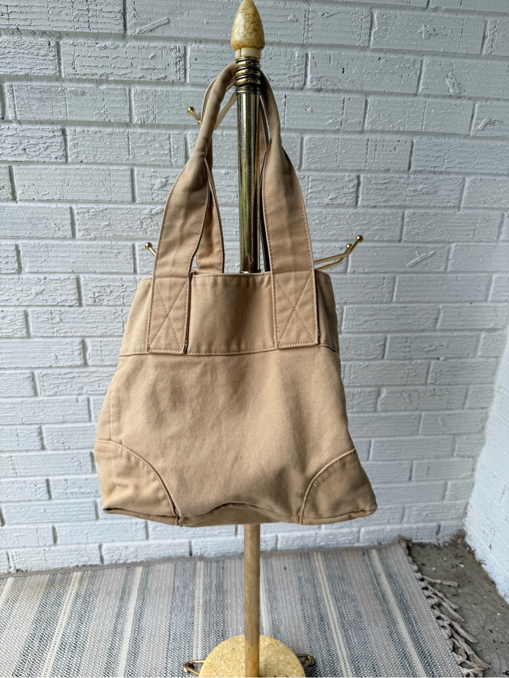 J.CREW Canvas Tote Bag Tan Khaki Large Weekender Vintage Snap Thick Cotton - Picture 2 of 7